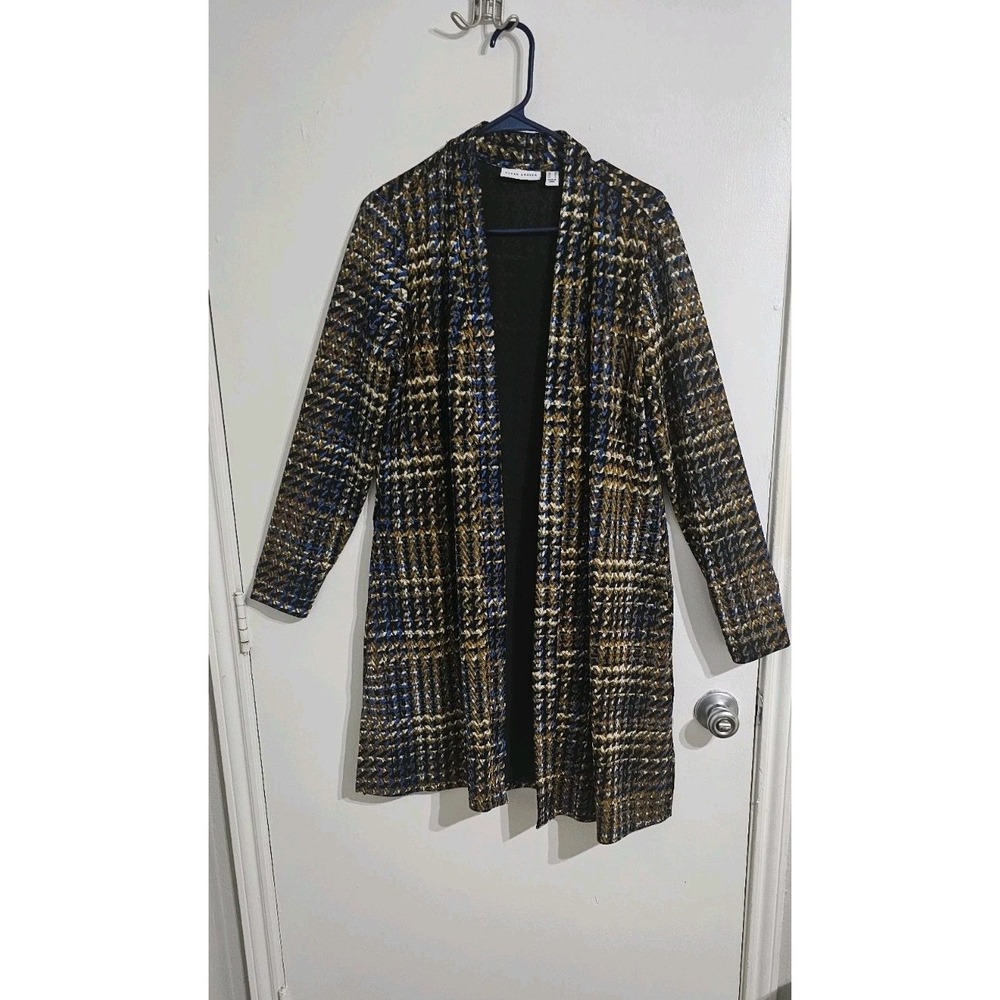 Susan Graver Duster Cardigan Medium Black Yellow Houndstooth Tweed Knit Preppy